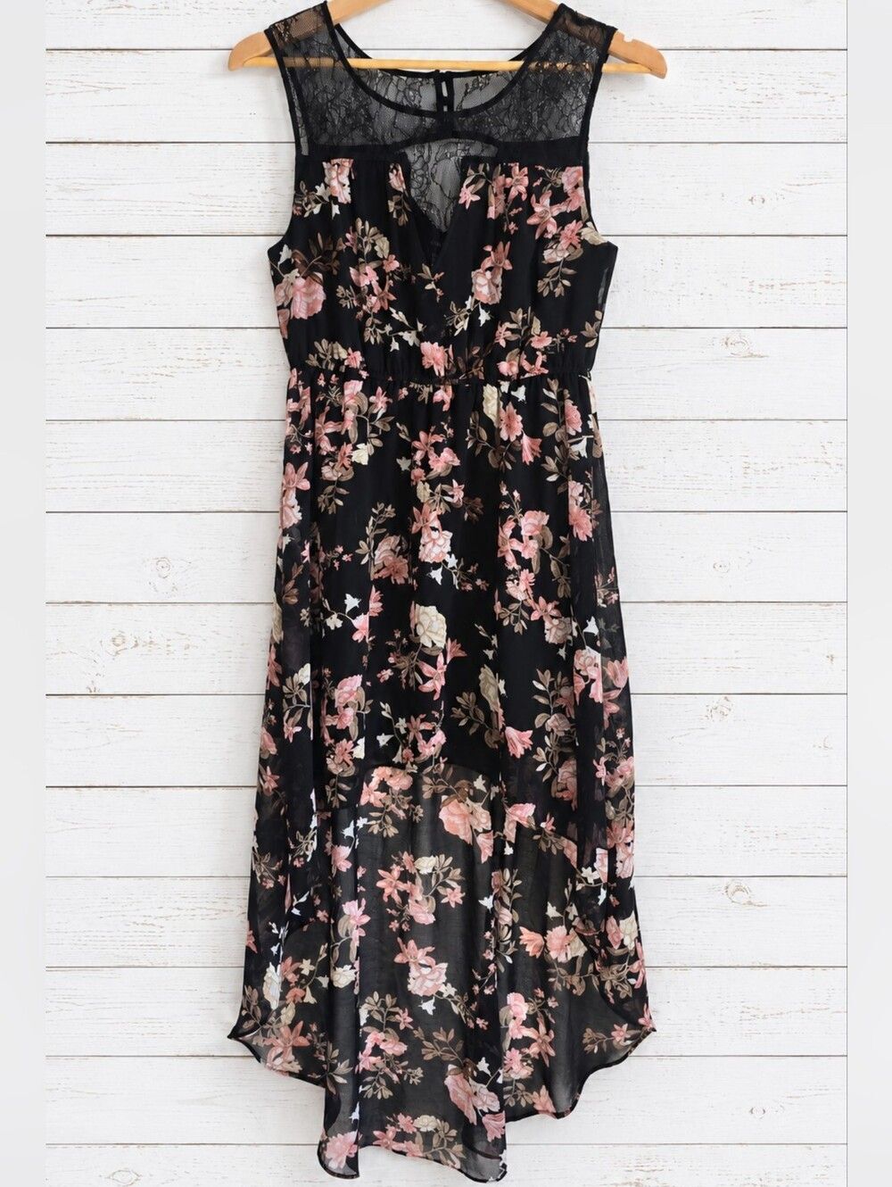 Forever 21 Black Floral and Lace Yoke High-Low Dress Size S